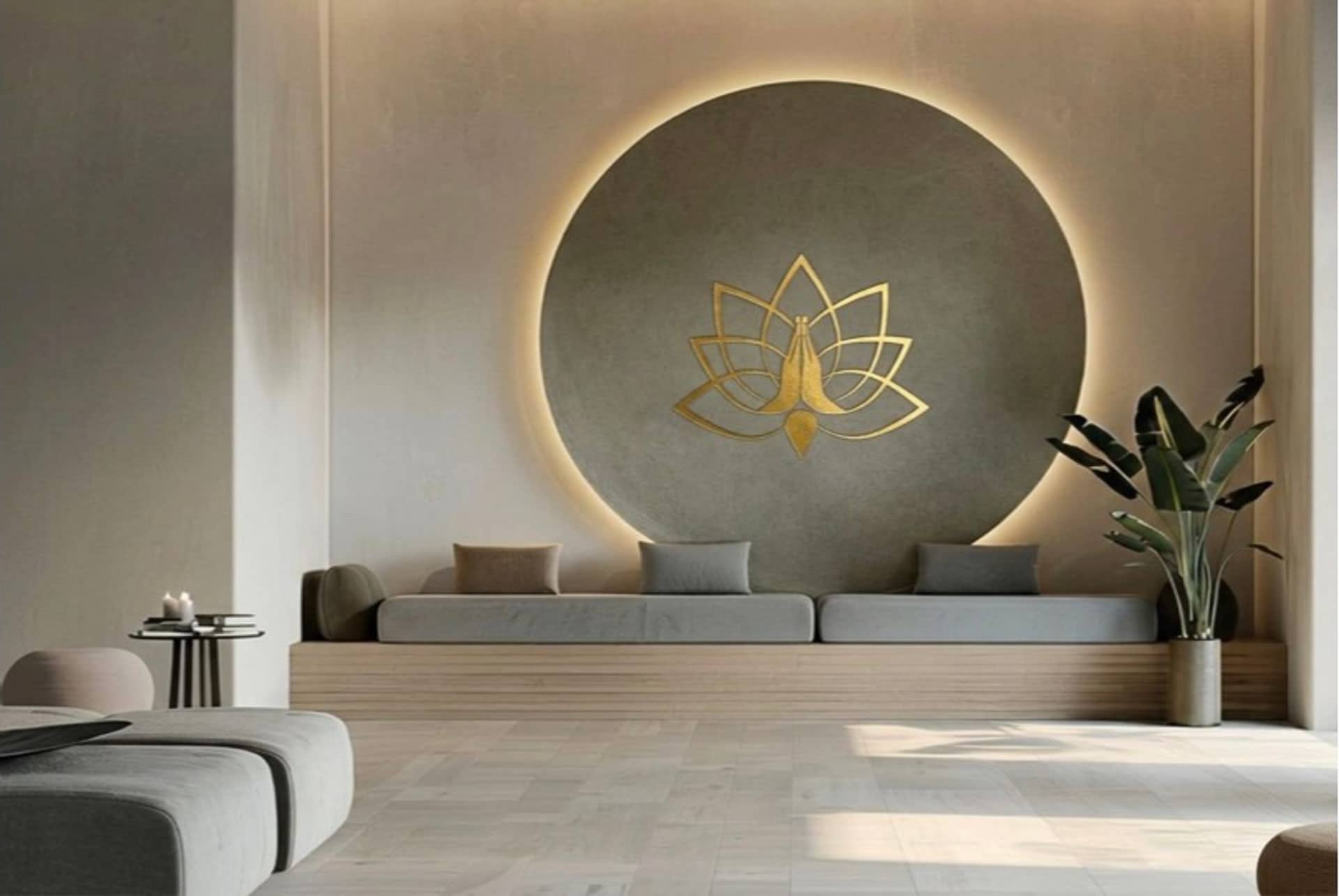 The welcome hall at Krishna Balram Bhakt Ashray, with its illuminated lotus mark and a quiet seating area