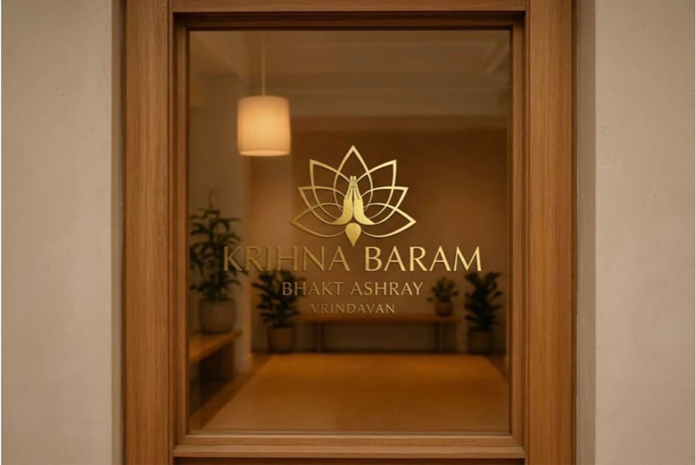 The lotus lock-up in gold leaf on the ashray's glass entrance door, warm light in the hall behind it