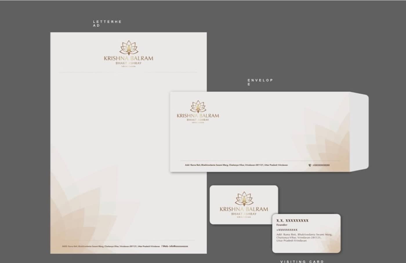 Krishna Balram Bhakt Ashray letterhead, envelope and visiting card laid out together