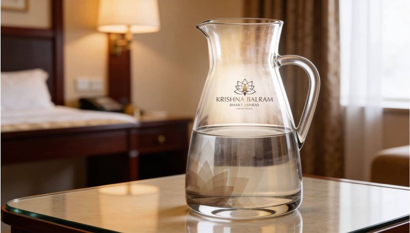 A glass water jug marked with the lotus lock-up, filled and set on a bedside table
