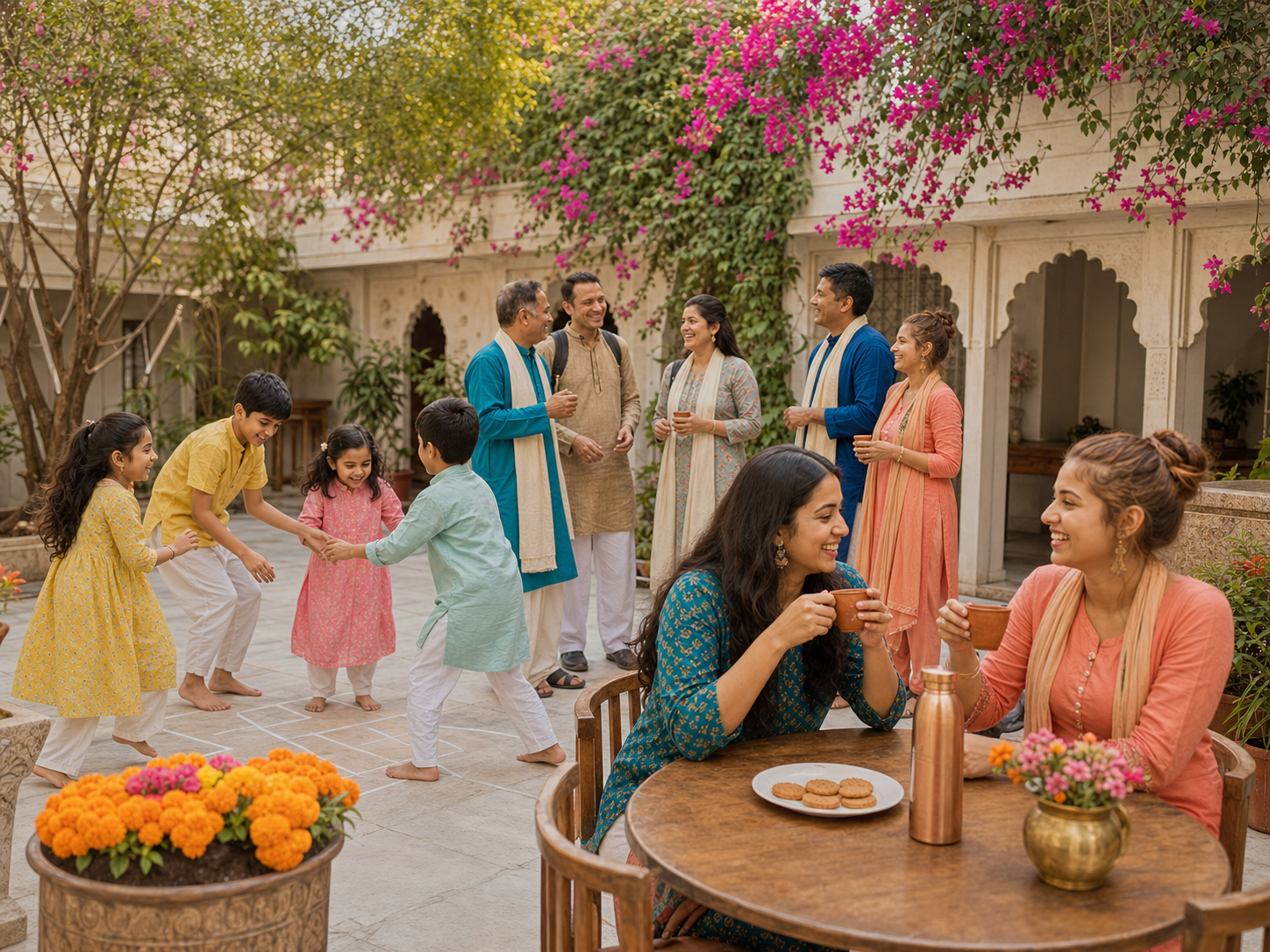 Families and guests spending an unhurried afternoon together in a flowering courtyard