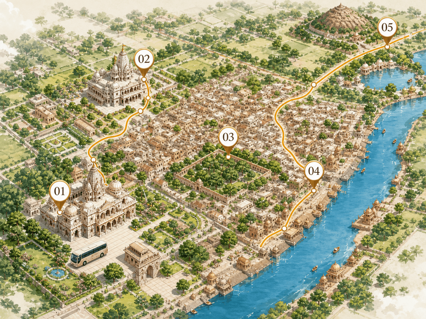 Illustrated route map of Vrindavan with pins 01 to 05 marking Krishna-Balaram Mandir, Prem Mandir, Seva Kunj, the Yamuna ghats, and Govardhan