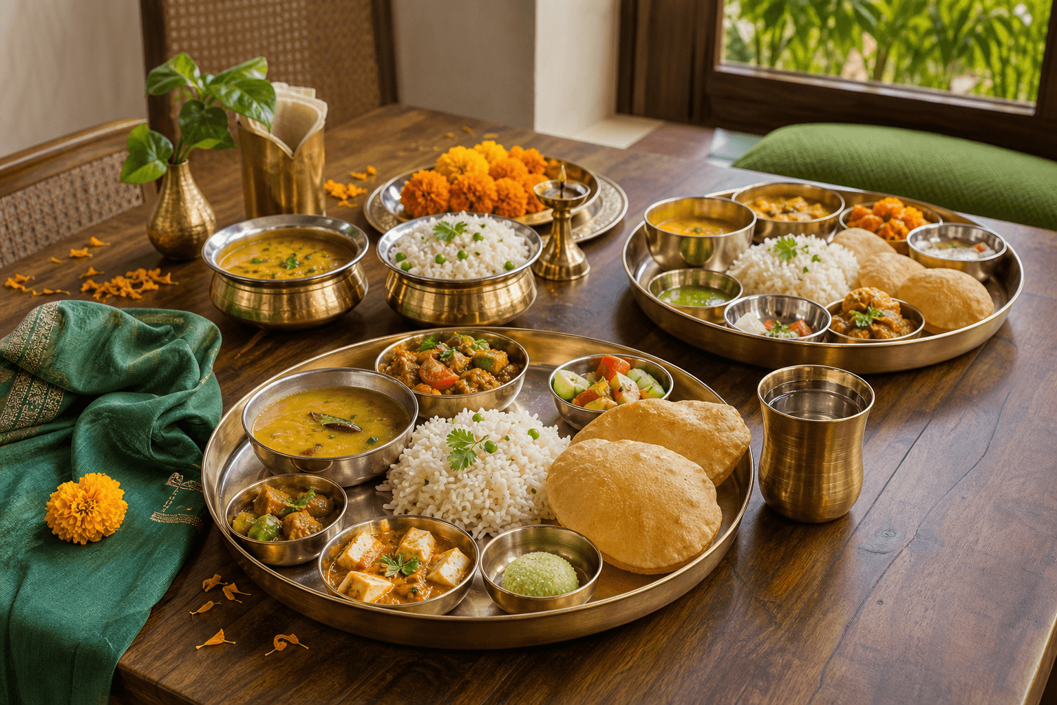 A welcoming shared table arranged with fresh sattvic prasadam